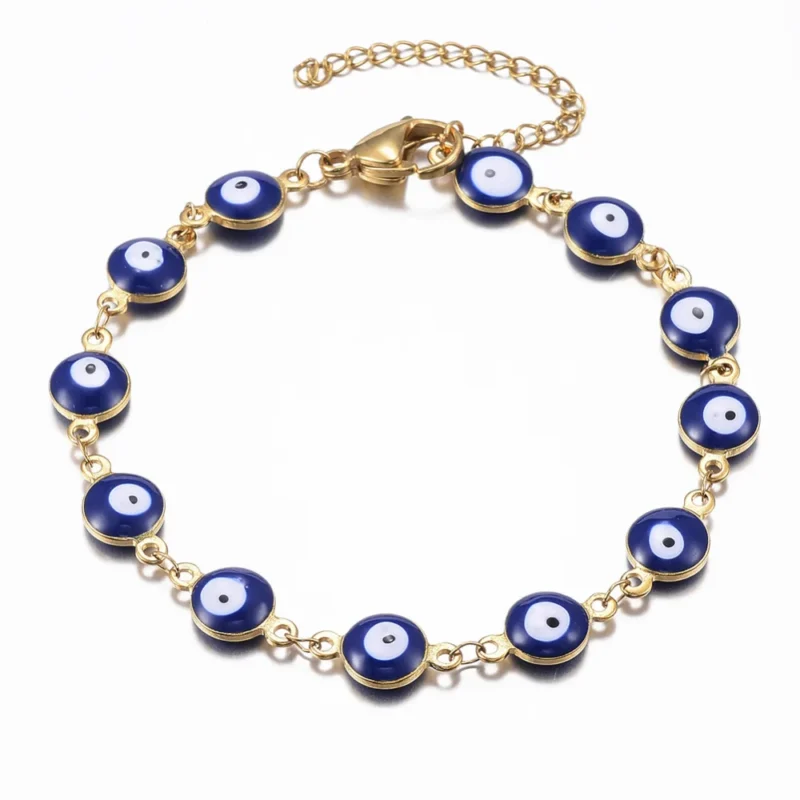 Pulseira olho turco com várias contas e em aço inoxidável dourado